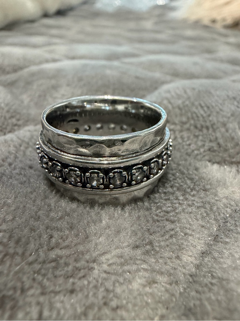 Silver Textured Stackable Ring with Beaded Band